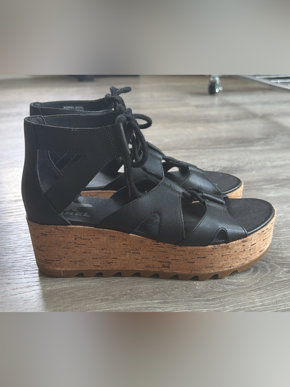 SOREL Women's Black Leather Lace-Up Cork Platform Sandals
